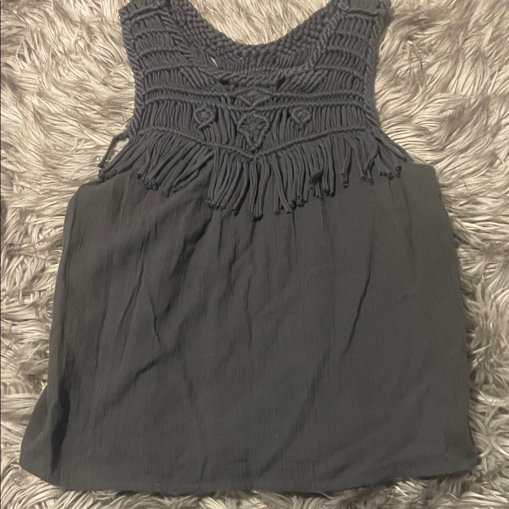 Aerie Charcoal Tank Top with Fringe Detail